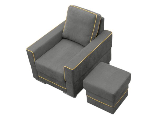 Fotel w kolorze szarym z żółtą lamówką, minimalistyczna forma