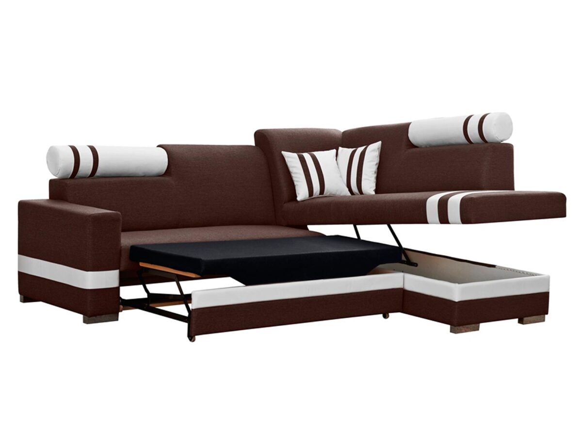 Rozkładany narożnik z funkcją spania, brązowo-biały z poduszkami