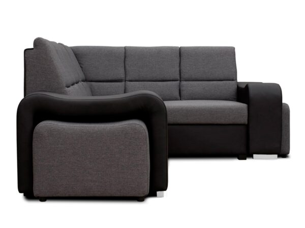 Sofa narożna grafitowa z szerokimi podłokietnikami i czarną podstawą