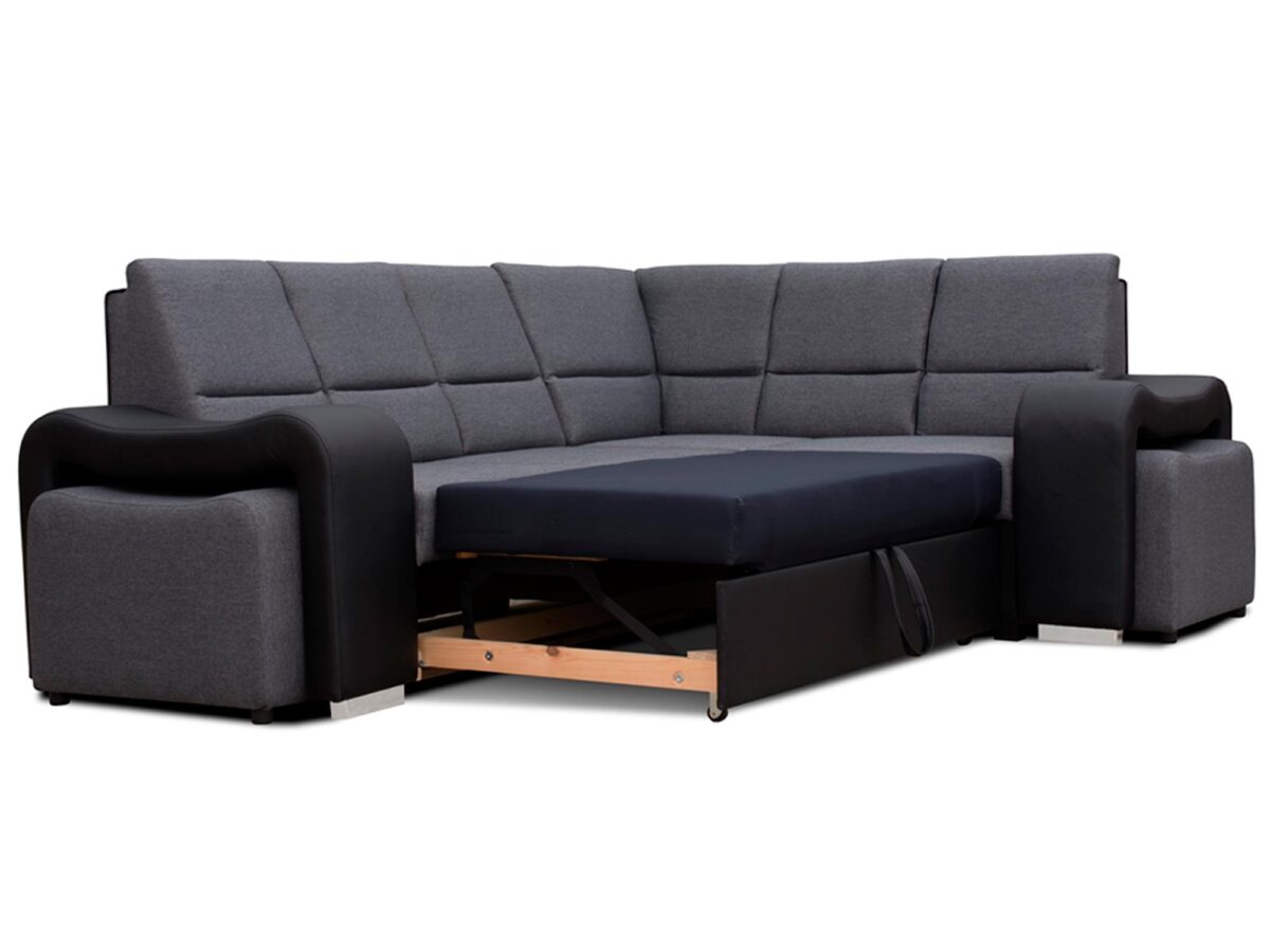 Nowoczesny narożnik z wysuwaną leżanką i szufladą na pościel, kolor grafitowy Nowoczesny narożnik z wysuwaną leżanką i szufladą na pościel, kolor grafitowy