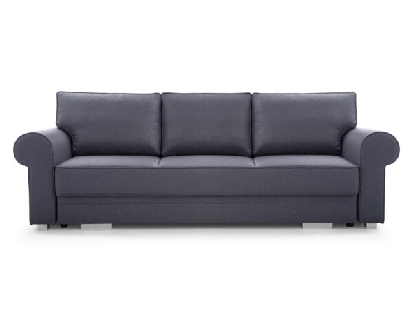 Szara sofa do salonu z prostym siedziskiem i niskim oparciem