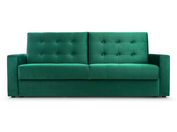 Zielona sofa z guzikami na oparciu – styl skandynawski