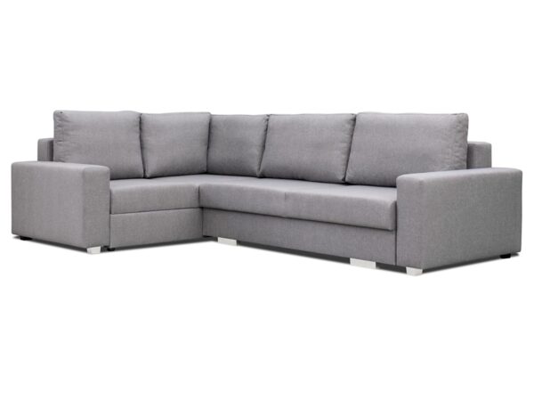 Szary narożnik z szerokim siedziskiem i luźnymi poduszkami