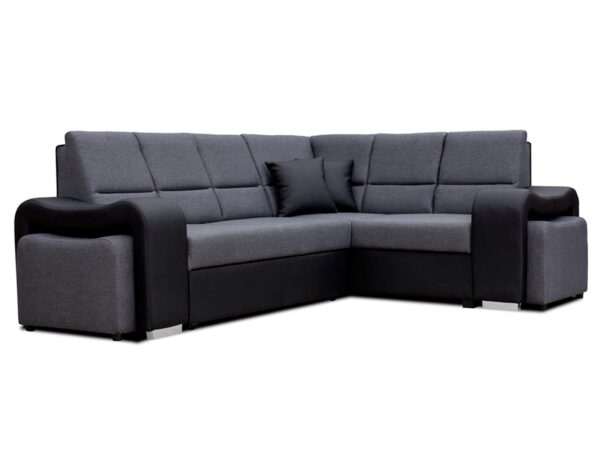 Duży narożnik tapicerowany ciemnoszarą tkaniną, nowoczesny styl salonowy