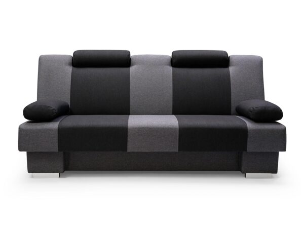 Sofa czarno-grafitowa z widocznym pojemnikiem pod siedziskiem