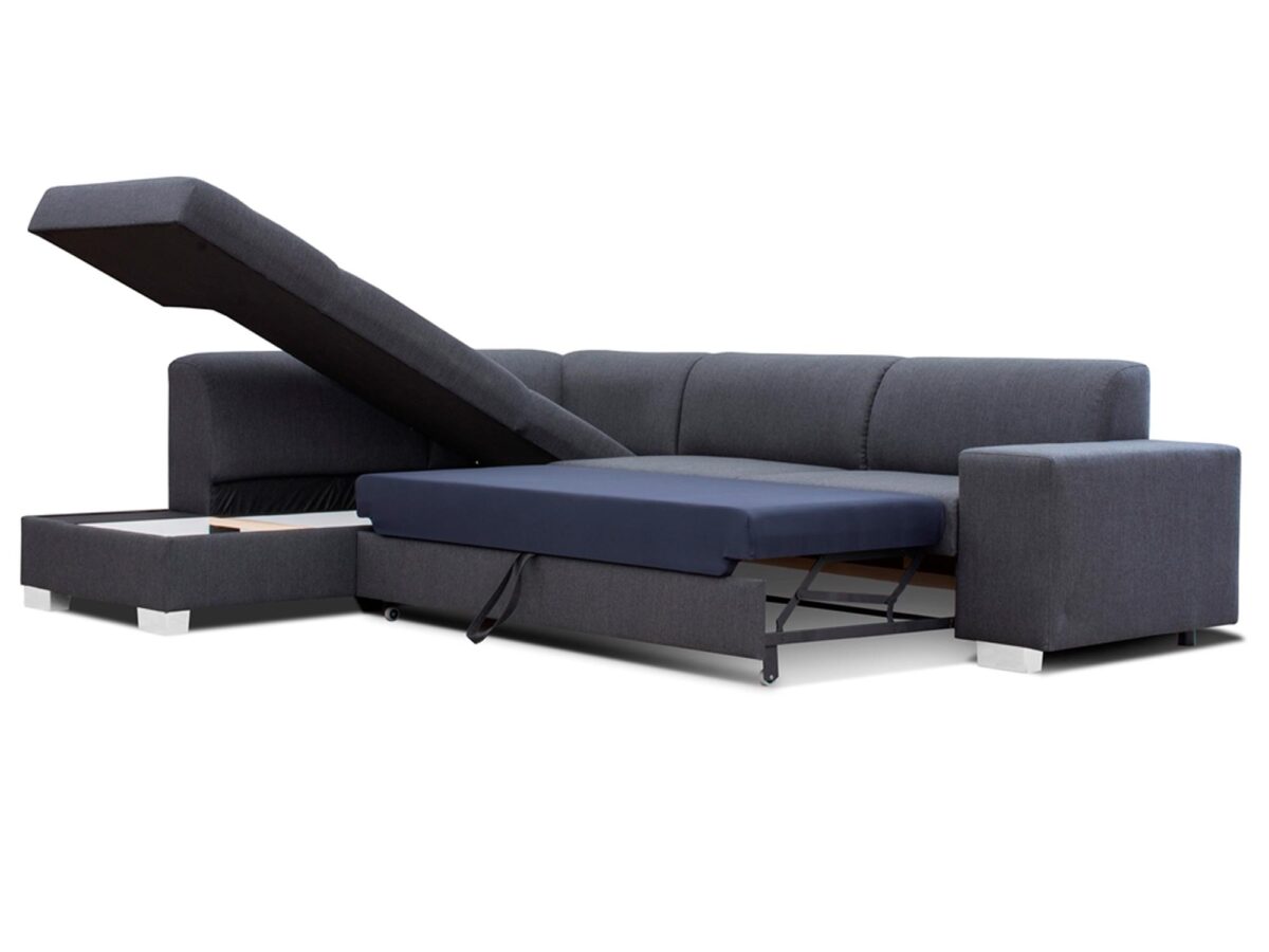 Granatowy narożnik z funkcją spania i pojemnikiem