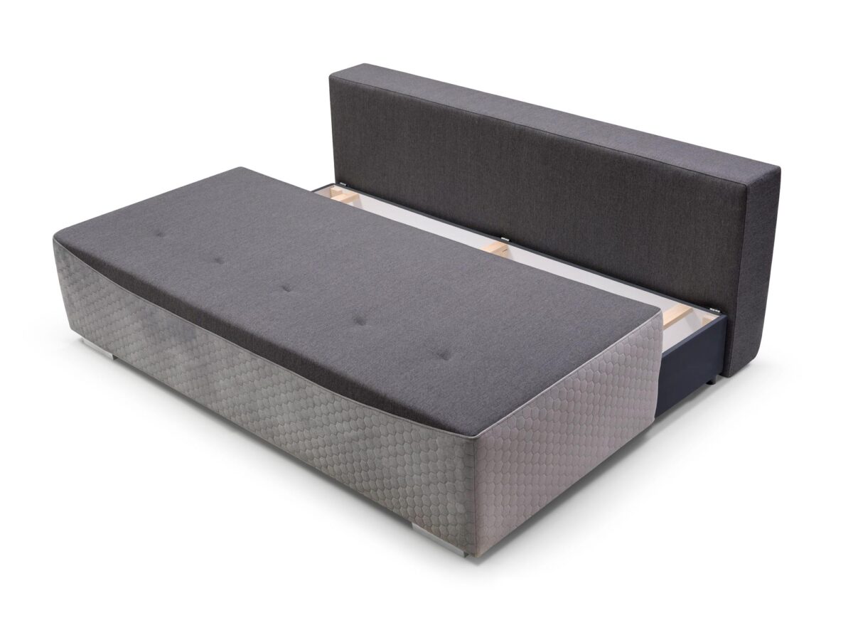 Rozłożona sofa z pojemnikiem i prostą formą, styl minimalistyczny