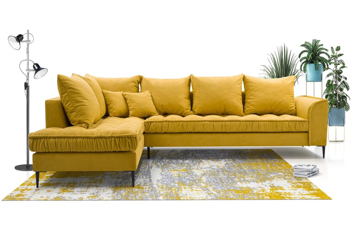 Żółty narożnik welurowy z szezlongiem do nowoczesnego salonu