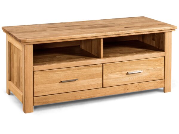 Szafka RTV z drewna z dwiema szufladami i otwartymi półkami