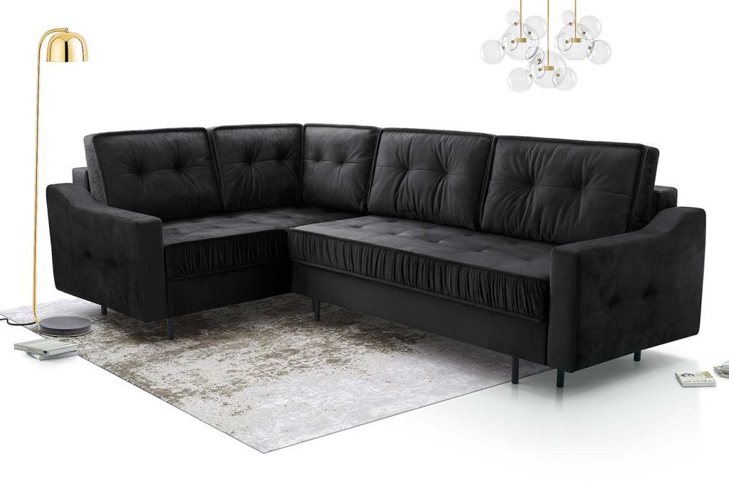 Czarny narożnik z funkcją spania i szezlongiem do nowoczesnego wnętrza