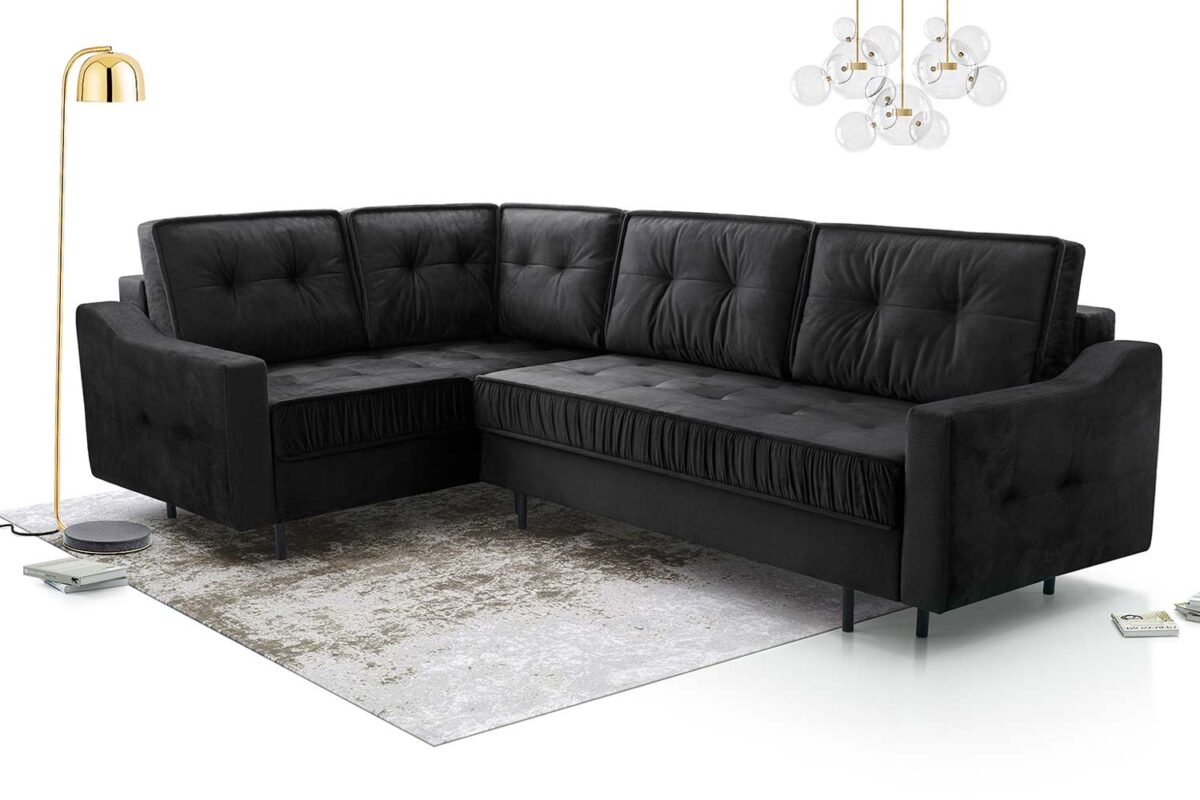 Czarny narożnik z funkcją spania i szezlongiem do nowoczesnego wnętrza