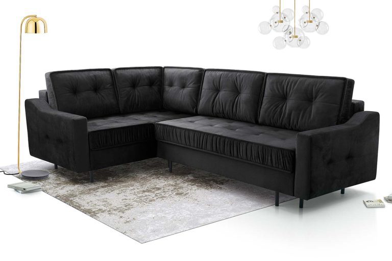 Czarny narożnik z funkcją spania i szezlongiem do nowoczesnego wnętrza