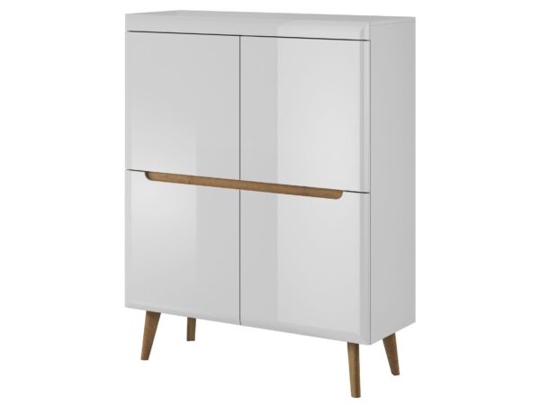 Biała szafa z drewnianym akcentem i skośnymi nogami w stylu nordic