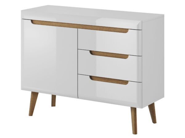 Biała komoda skandynawska z drewnianymi uchwytami i nogami