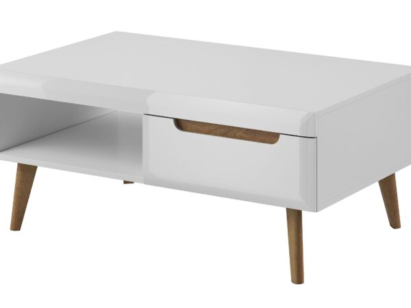 Stolik kawowy z białym frontem i drewnianymi nogami styl scandi