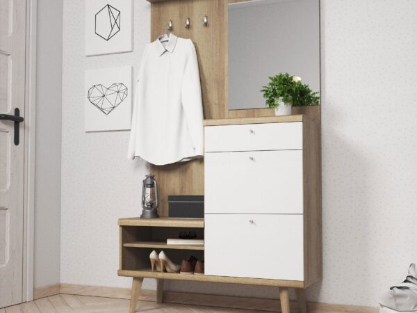 Nowoczesna szafa do przedpokoju z białymi frontami i siedziskiem