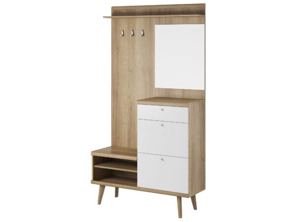 Jasna garderoba z lustrem i półką w stylu skandynawskim