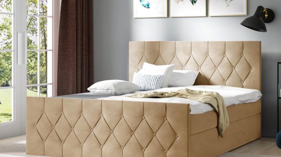 Pikowane łóżko tapicerowane beż SOLO