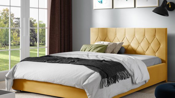 Pikowane łóżko tapicerowane żółte SOLO