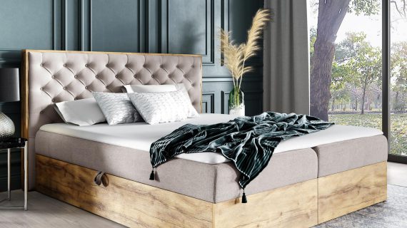Pikowane łóżko drewniane beż BLANK 3
