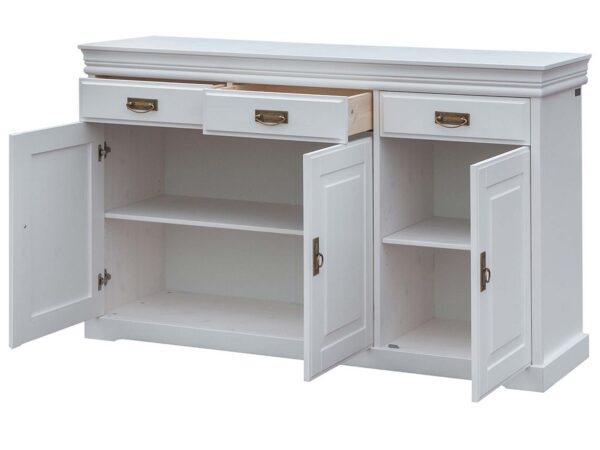 Drewniana komoda 140 cm biały otwarta SENA