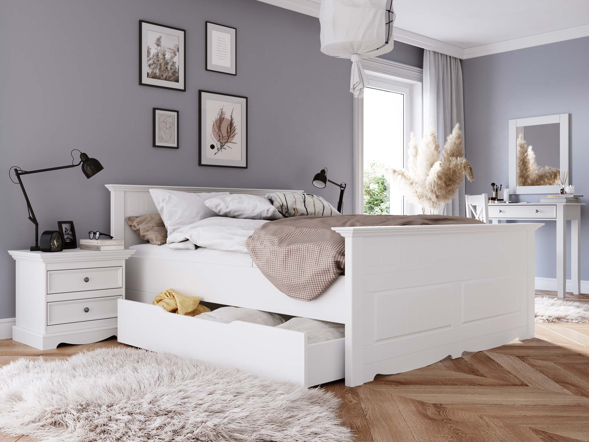 Sypialnia białe meble drewniane NISAN