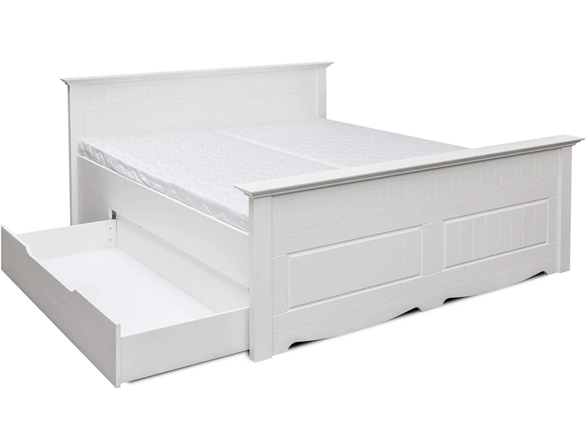 Drewniane łóżko z pojemnikiem białe wysunięta szuflada NISAN