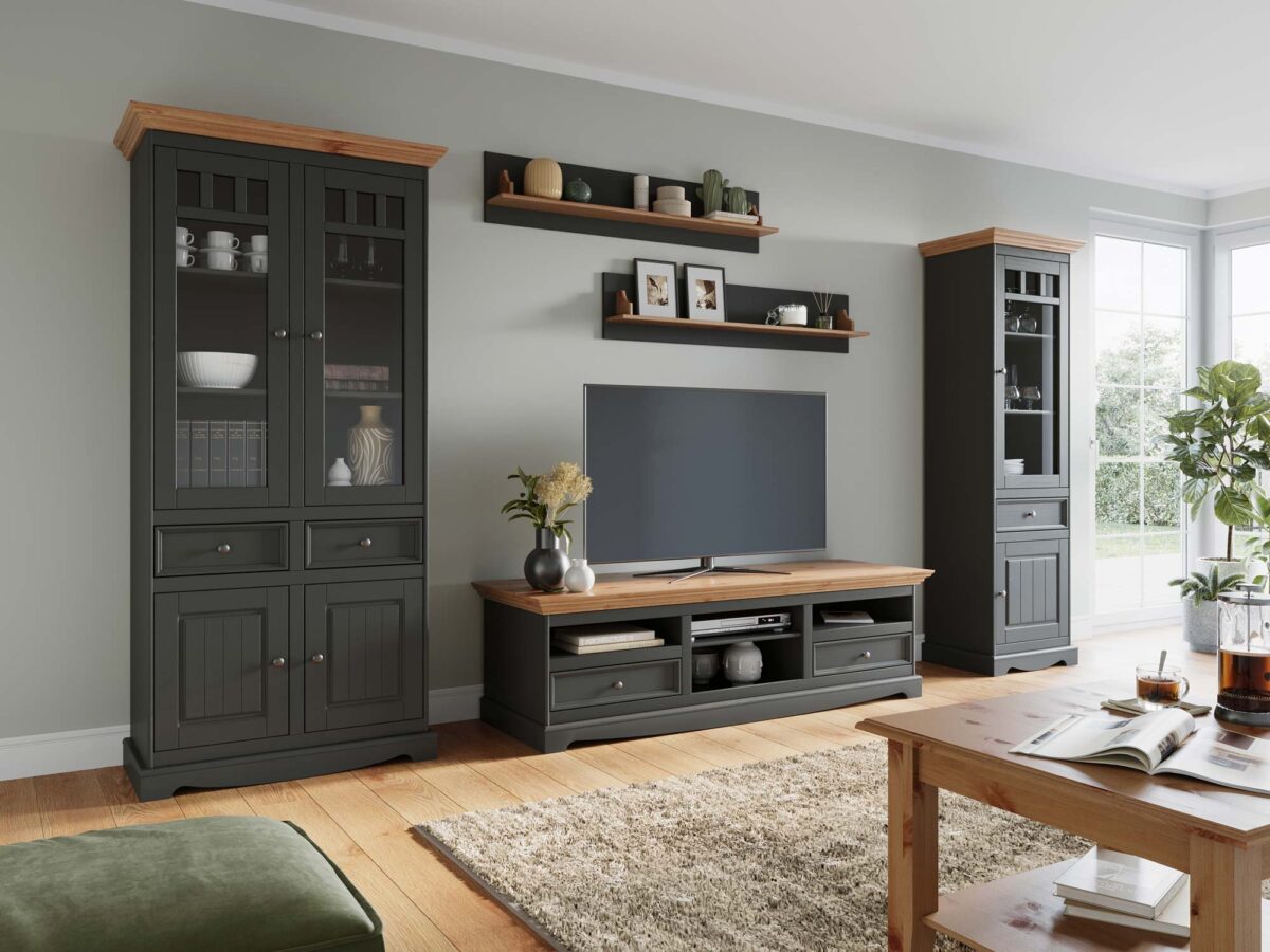 Salon meble drewniane grafit NISAN Drewniana Półka Wisząca Zestawienie