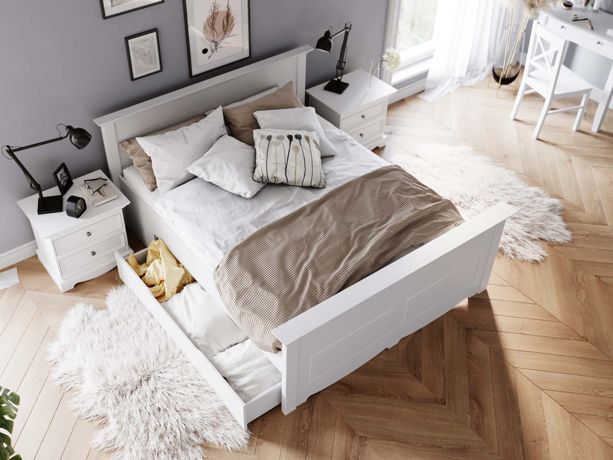 Łóżko drewniane białe sypialnia aranżacja z pojemnikiem NISAN Łóżko drewniane do Sypialni Popularne Wymiary
