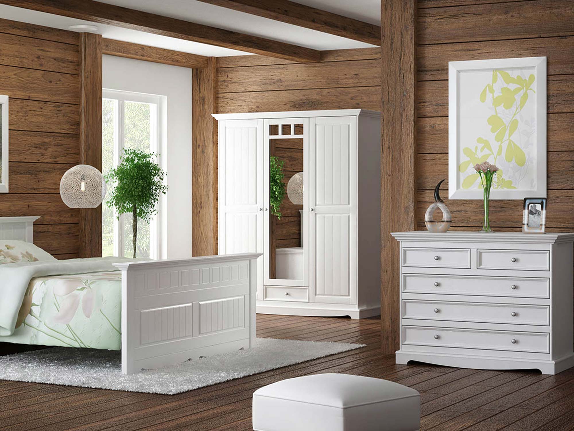 Łóżko drewniane białe sypialnia aranżacja NISAN