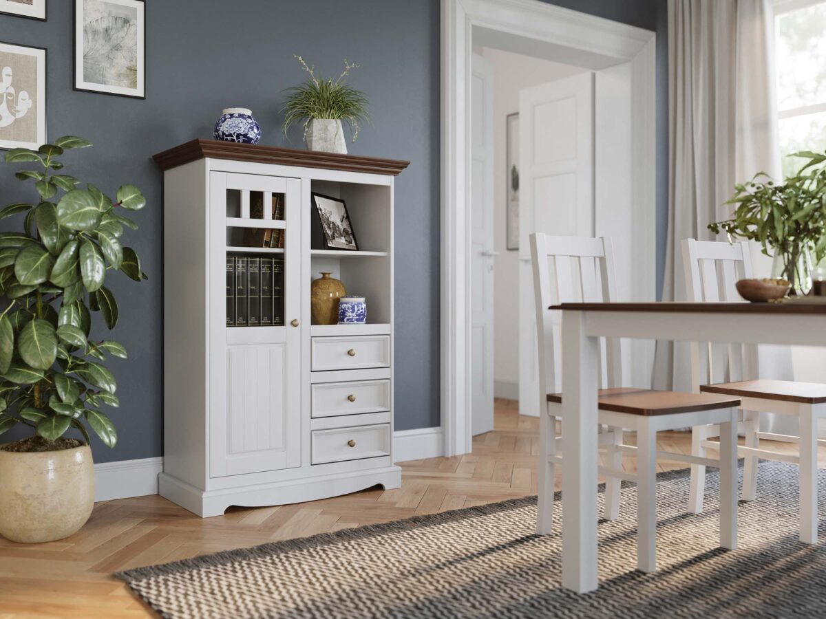 Mała witrynka drewniana biały orzech aranżacja NISAN