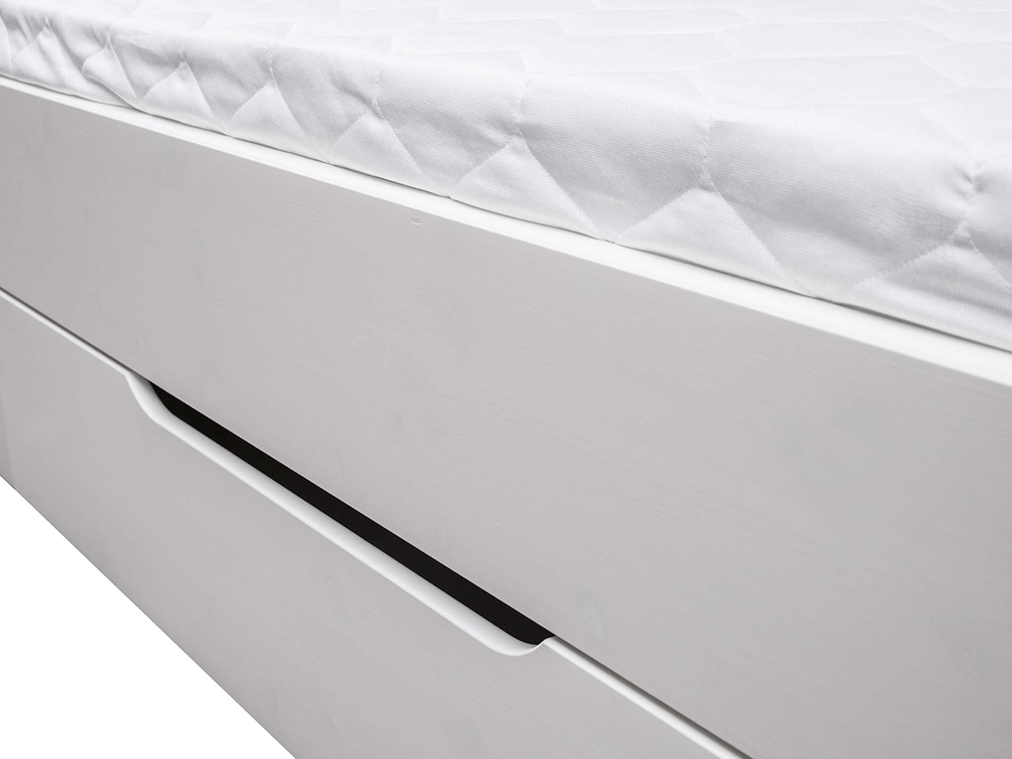 Drewniane łóżko z pojemnikiem białe zbliżenie szuflada NISAN