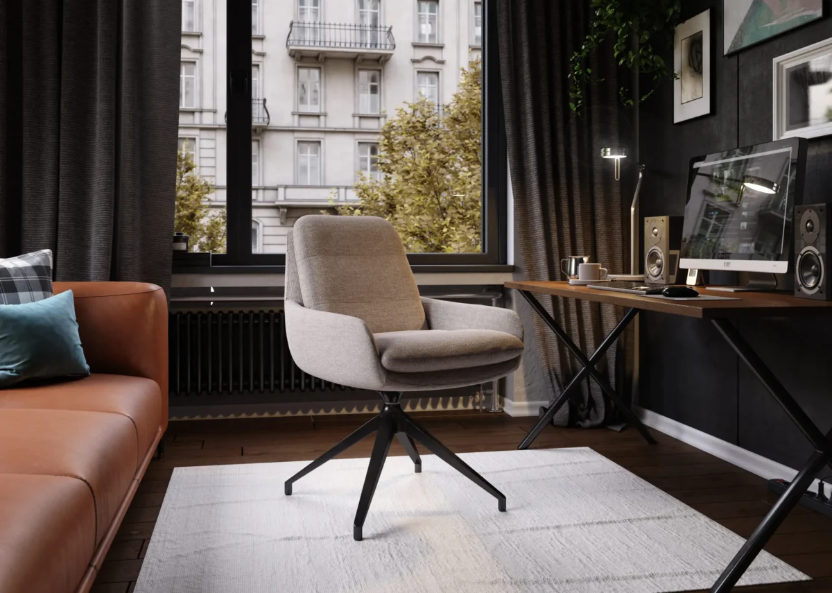 Nowoczesny fotel biurowy przy białym biurku na tle dużego okna