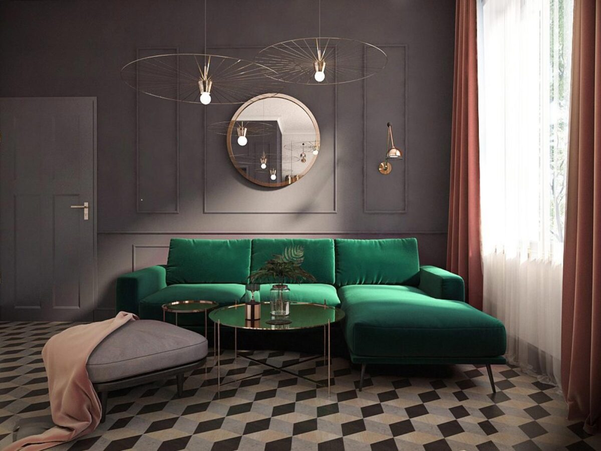 Zielona welurowa sofa w eleganckim salonie z okrągłym lustrem