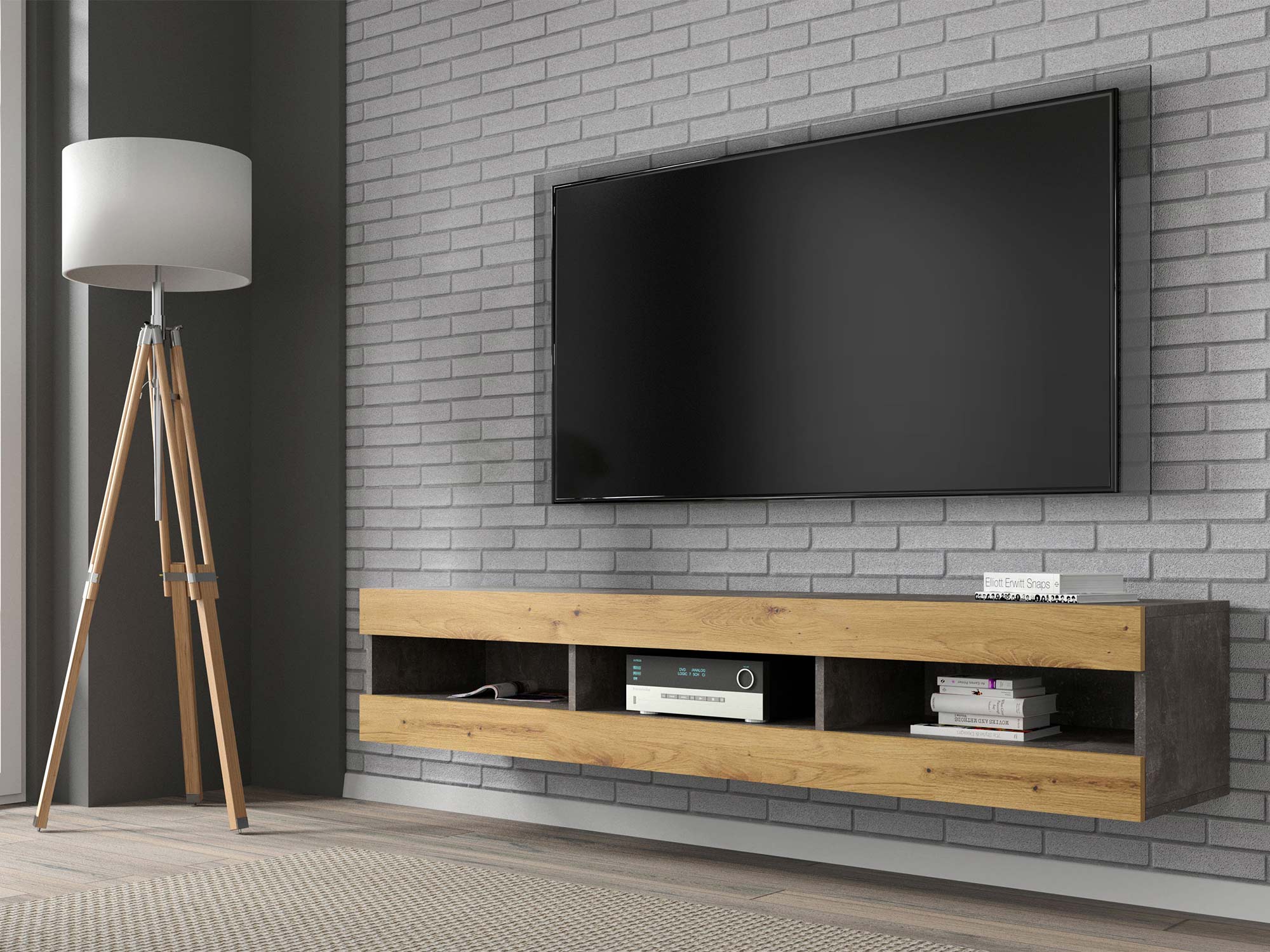 Aranżacja salonu z szafką RTV w kolorze dębu z czarnym detalem Aranżacja salonu z szafką RTV w kolorze dębu z czarnym detalem