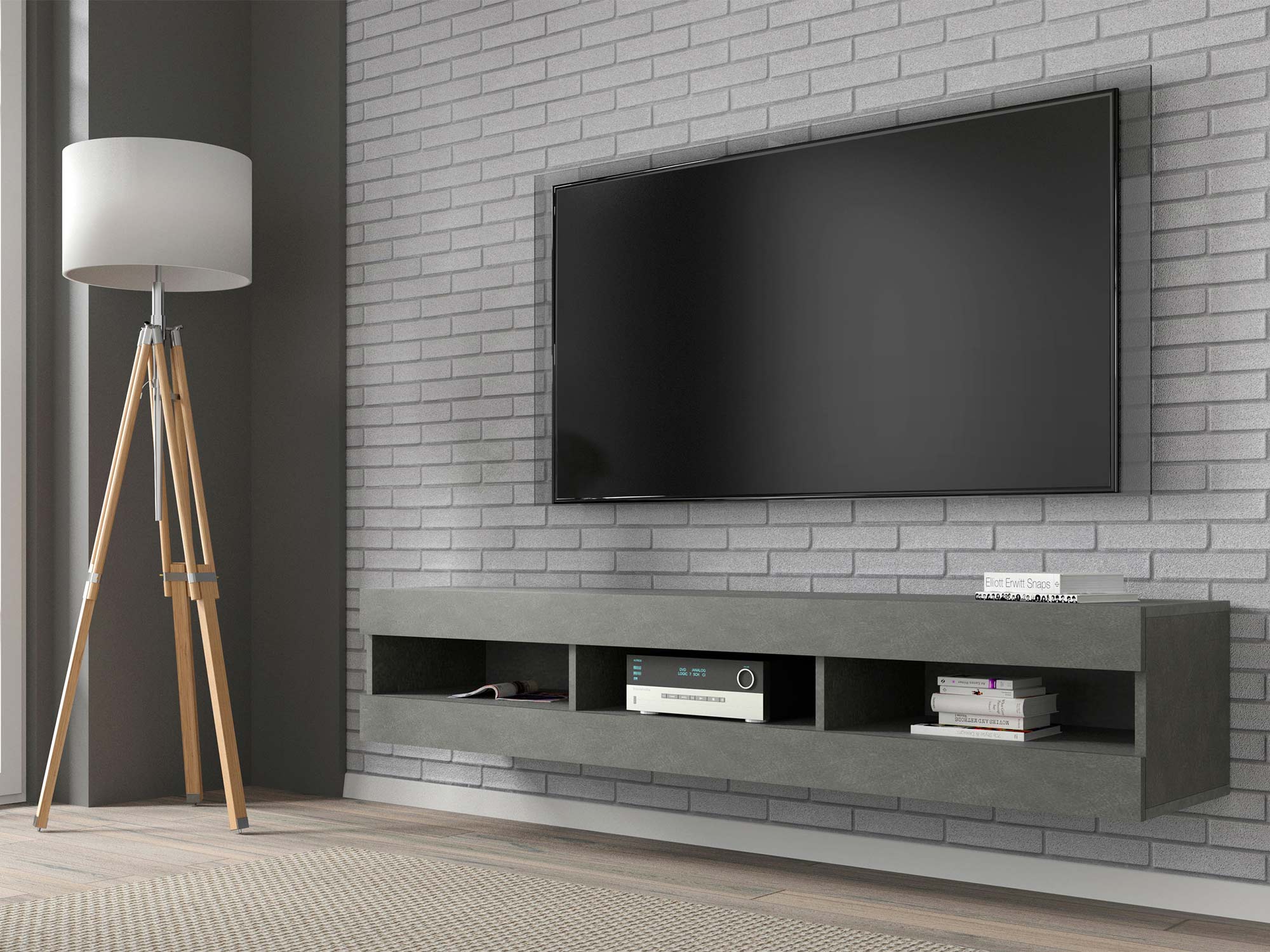 Betonowa szafka RTV z wnękami i surowym wykończeniem Betonowa szafka RTV z wnękami i surowym wykończeniem