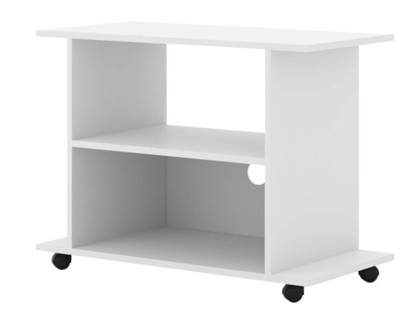 Biały stolik RTV z dwiema półkami i wycięciem na kable