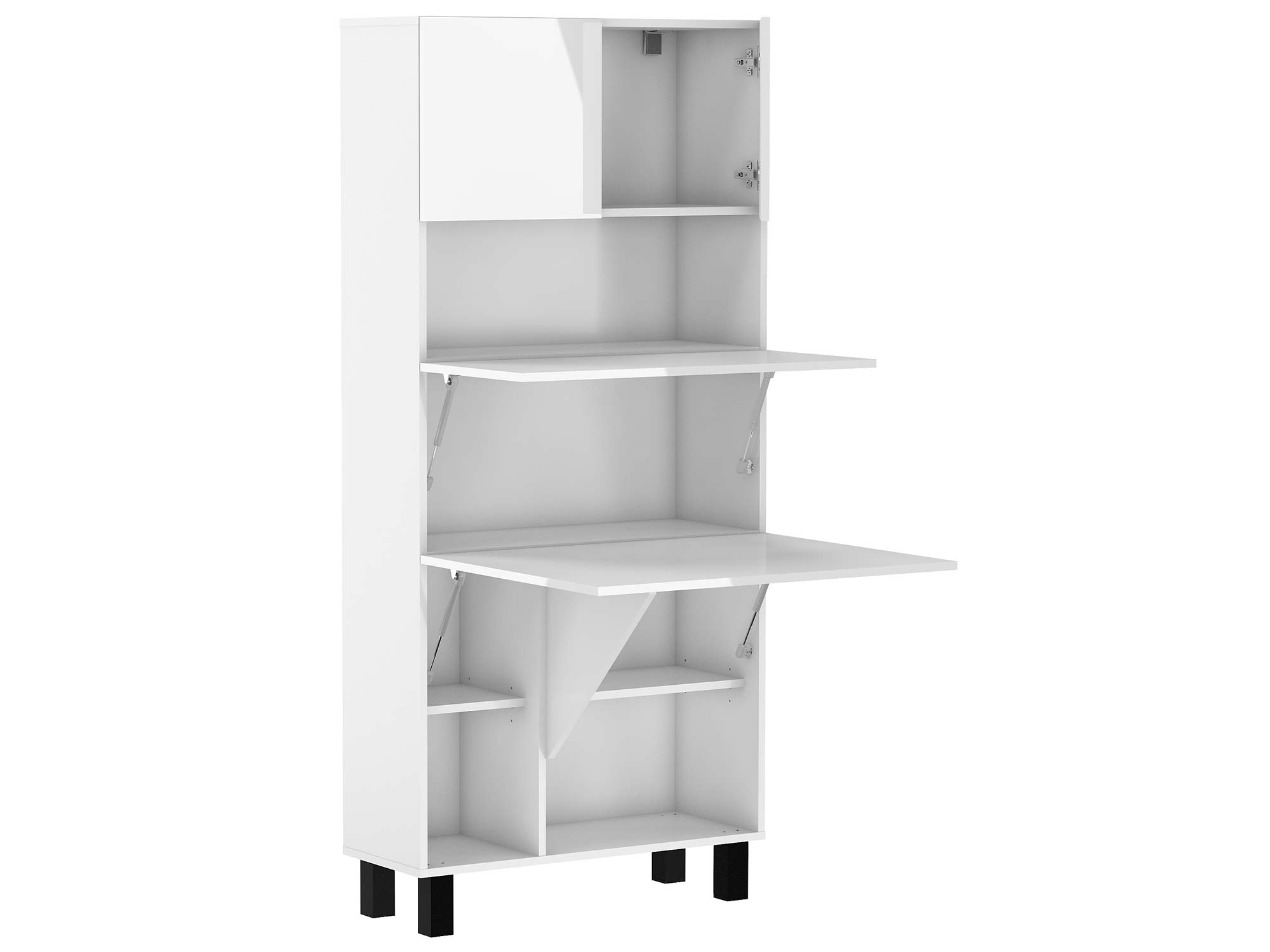 Wysoka witryna z trzema otwartymi półkami i zamykanym schowkiem – biel połysk Wysoka witryna z trzema otwartymi półkami i zamykanym schowkiem – biel połysk