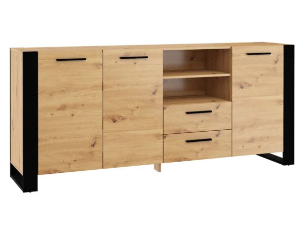 Komoda z szufladami i szafką w dekorze dąb artisan z czarnymi detalami