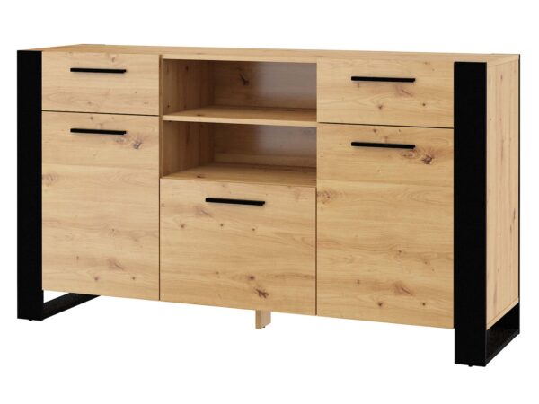 Widok na wnętrze komody – półki, szuflada i schowek z frontem uchylnym