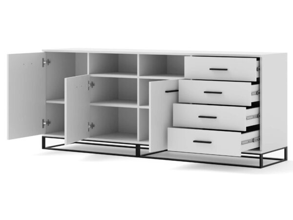 Szafka z szufladami w kolorze bieli i półkami z lamelowym dekorem