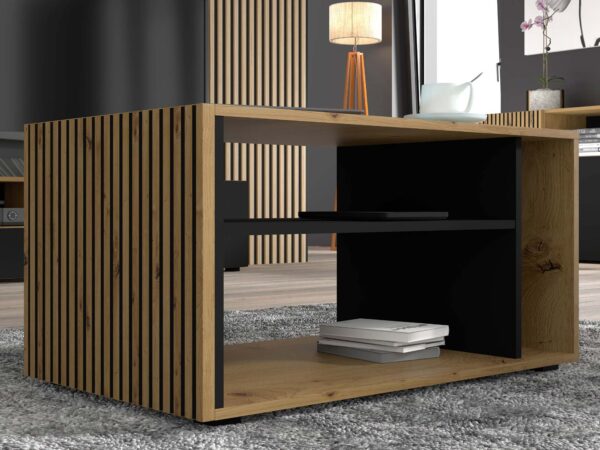 Szafka RTV z pionowymi listwami i przestronną półką z czarnym wnętrzem