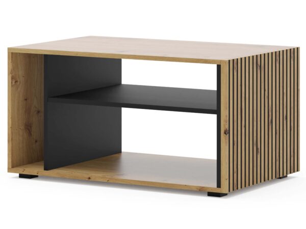 Minimalistyczna szafka RTV z dębowym dekorem i matową czarną półką