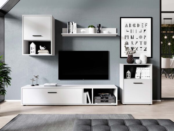 Zestaw mebli RTV w bieli z grafitowymi akcentami – nowoczesna aranżacja