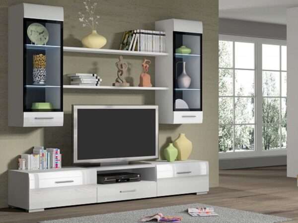 Meblościanka RTV w stylu nowoczesnym, połączenie bieli i drewna