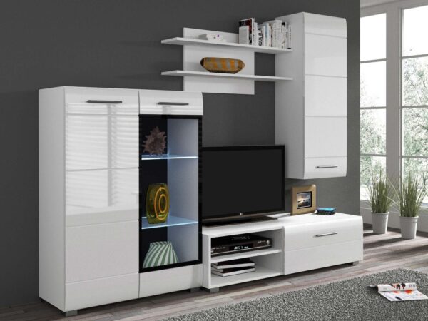 Meblościanka biała wysoki połysk z oświetleniem LED w aranżacji