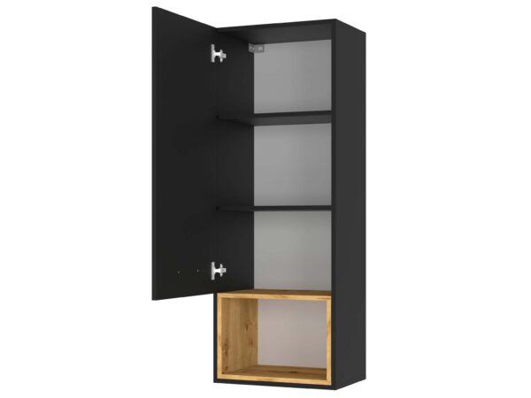 Czarna wisząca szafka z otwartą wnęką i drzwiami uchylnymi