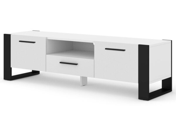 Biała szafka RTV z czarnymi nogami, dekoracyjny design
