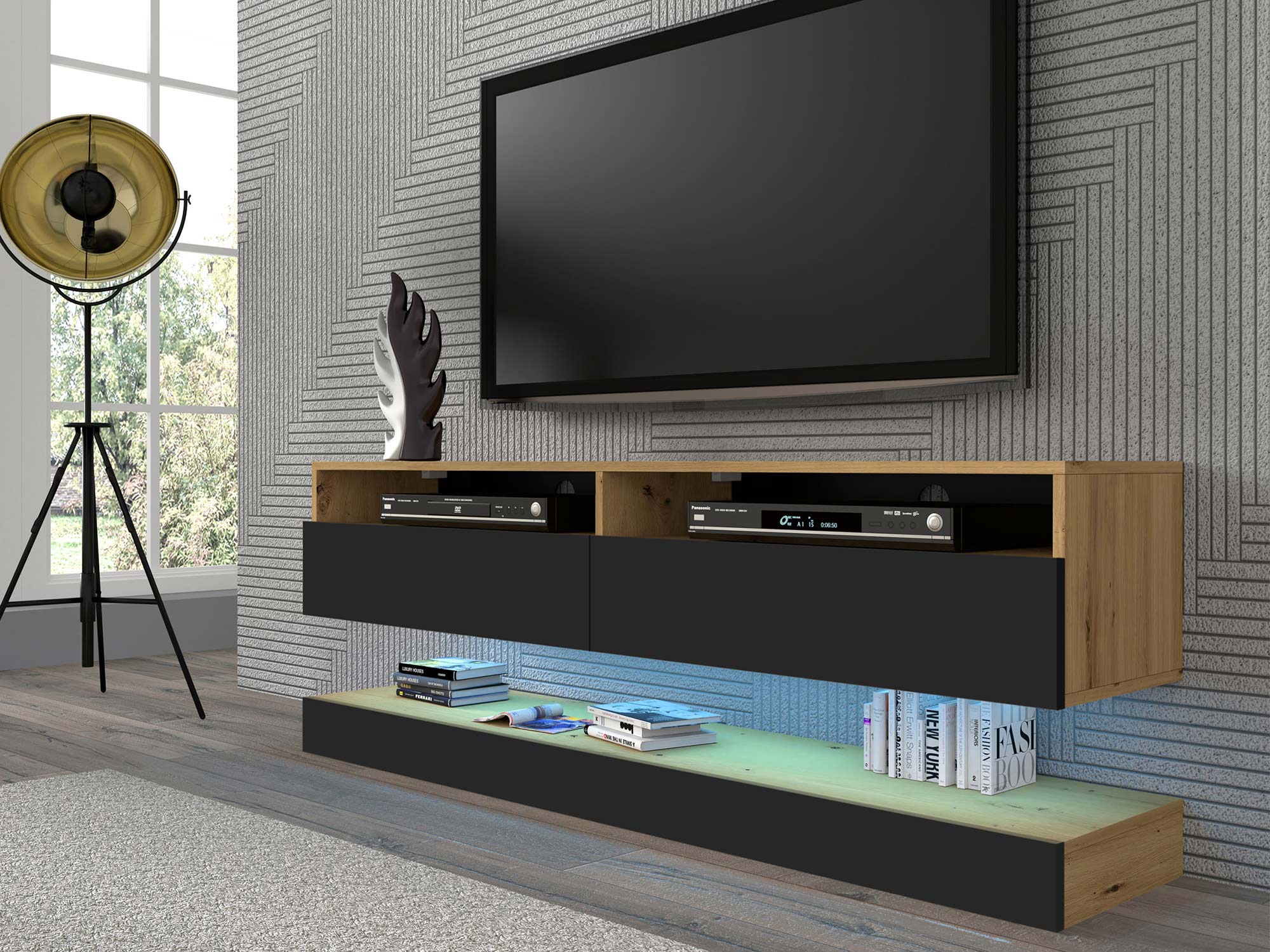 Aranżacja salonu z szafką RTV czarno-dębową i LED w stylu loft Aranżacja salonu z szafką RTV czarno-dębową i LED w stylu loft