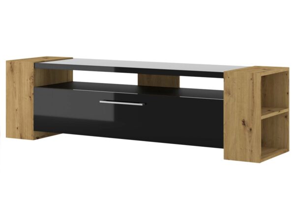 Szafka RTV z trzema strefami przechowywania, drewno i czerń w połysku